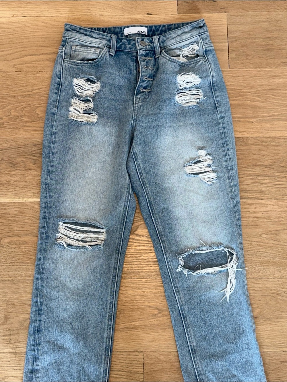 Women's Light Blue Distressed High-Rise Button Jeans Straight Leg - Picture 4 of 7